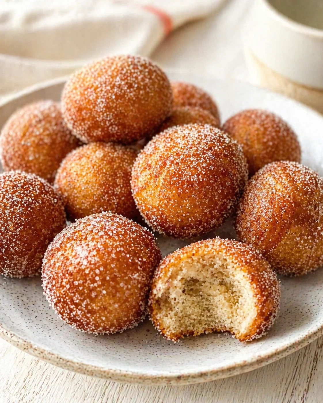 Golden-brown sugar-dusted doughnut holes on a speckled plate, one bitten to show fluffy interior.
