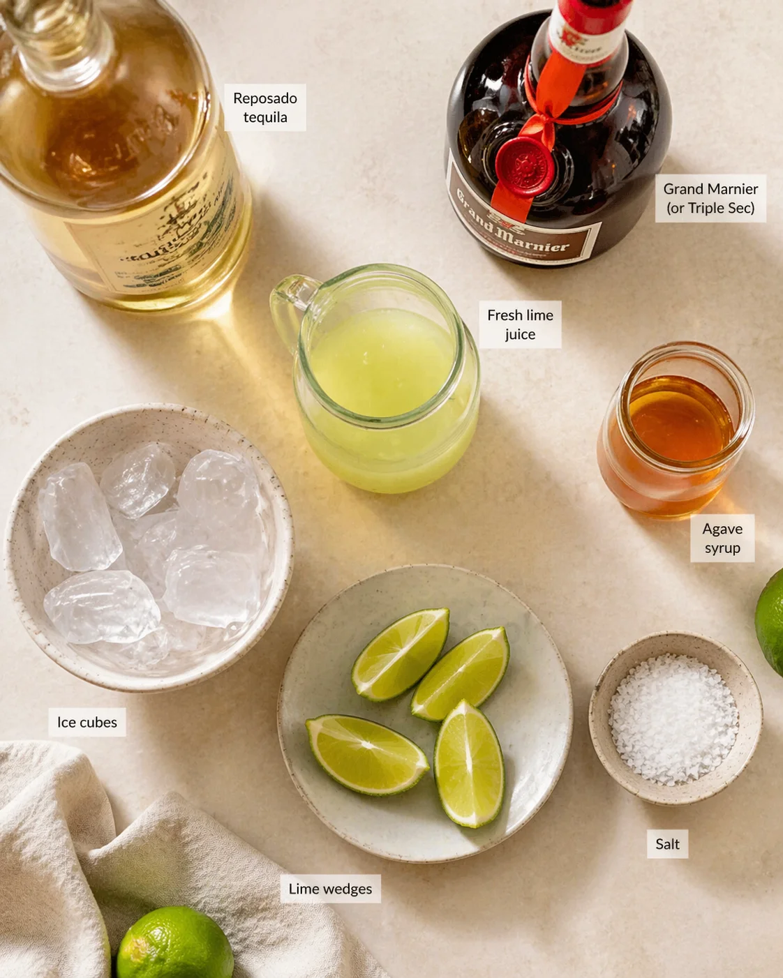 Top-down flatlay of cocktail ingredients: tequila, Grand Marnier, lime juice, agave syrup, ice, lime wedges, and salt.