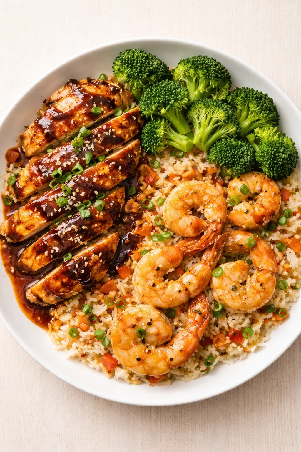 white bowl with teriyaki-glazed chicken, shrimp, broccoli, and seasoned rice