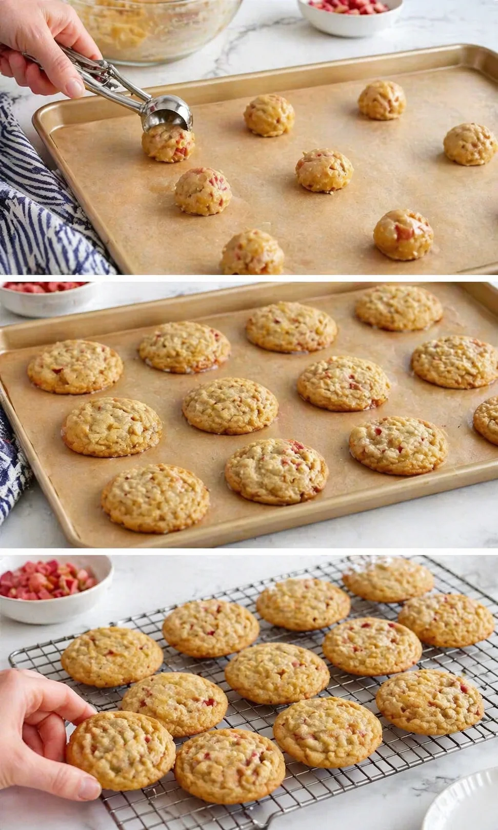 Small round cookies with red cranberries on parchment-lined sheet and cooling rack.