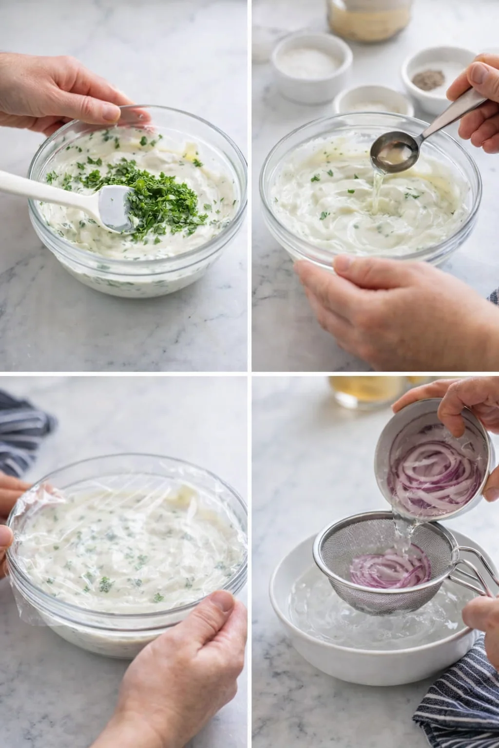 step-process-placeholder-5-8.png Fresh herbs folded into dressing, covered bowl chilling beside a small bowl of soaking onion slices.