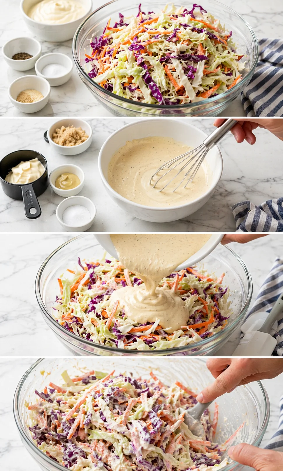 step-process-placeholder-5-8.png Creamy dressing being poured from whisked bowl over shredded cabbage and carrots, being tossed