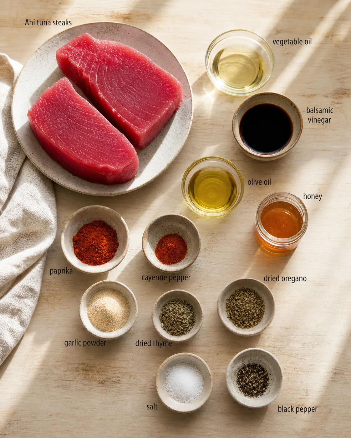 Two raw ahi tuna steaks on a plate with bowls of oils and spices.