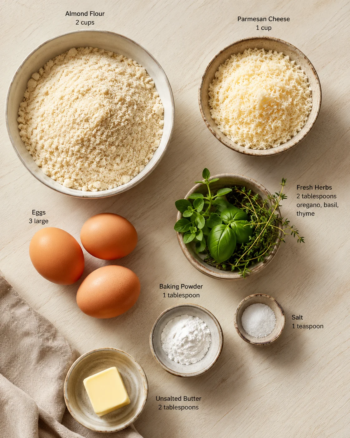 Top-down view of almond flour, grated parmesan, eggs, butter, baking powder, salt, and fresh herbs.