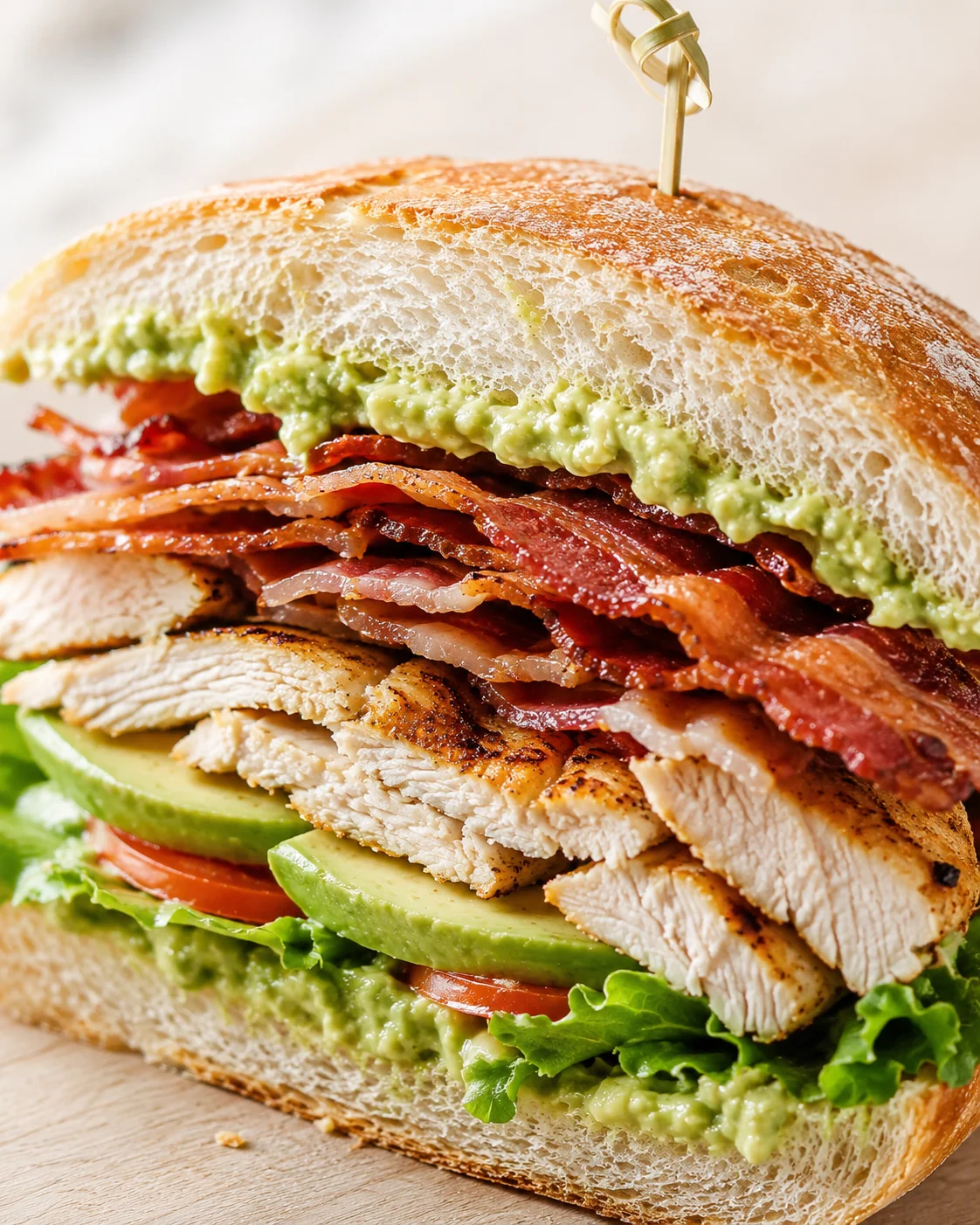 Close-up of a crusty sandwich stacked with avocado, bacon, grilled chicken, tomato, and lettuce.