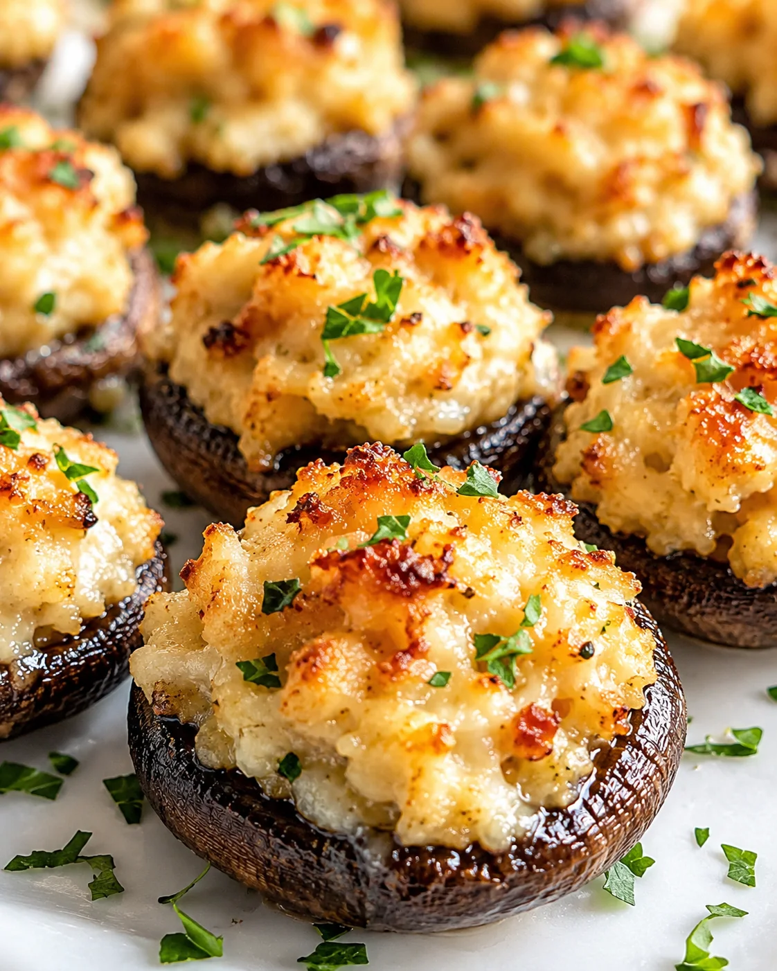 Close-up of baked cheesy stuffed mushrooms topped with parsley on a white plate.