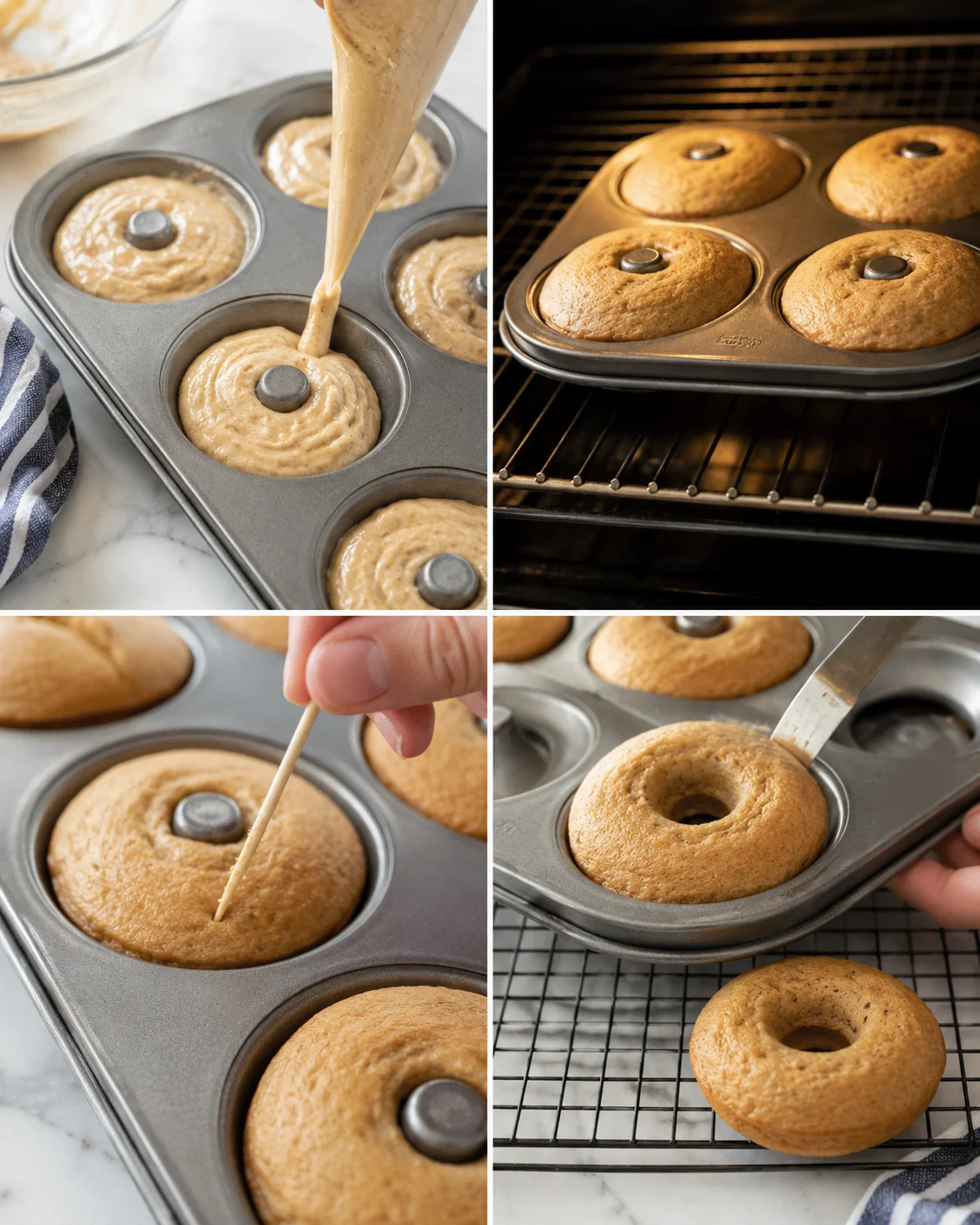 collage showing batter piped into muffin-tin wells, donuts baking, and cooling on a rack