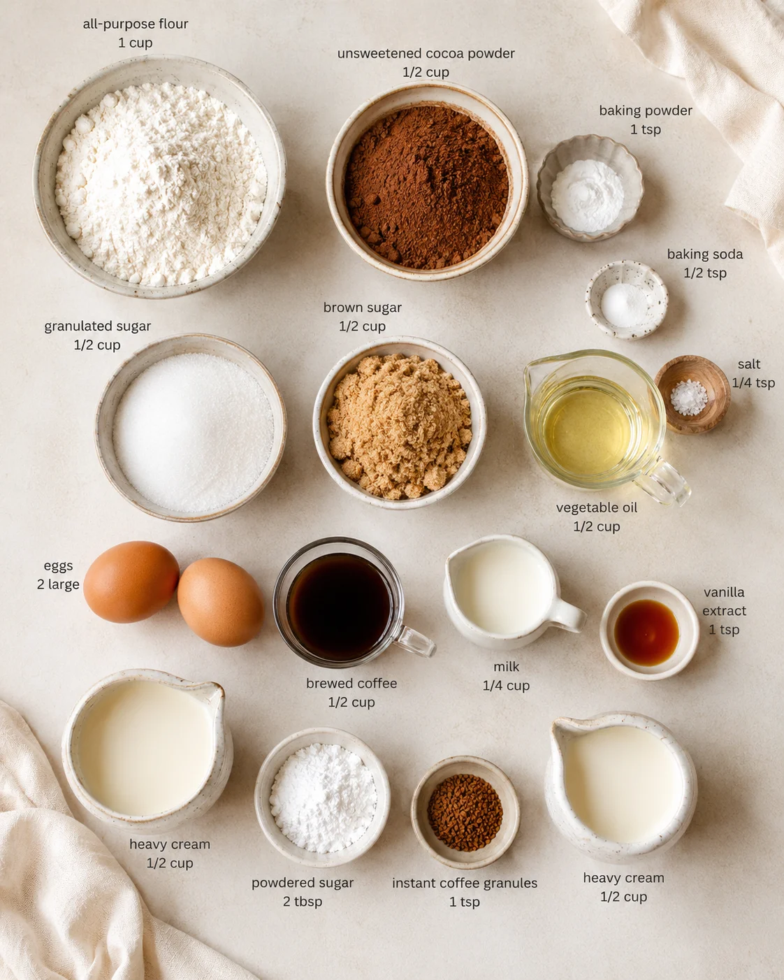 Overhead view of organized baking ingredients with labeled bowls on parchment surface.