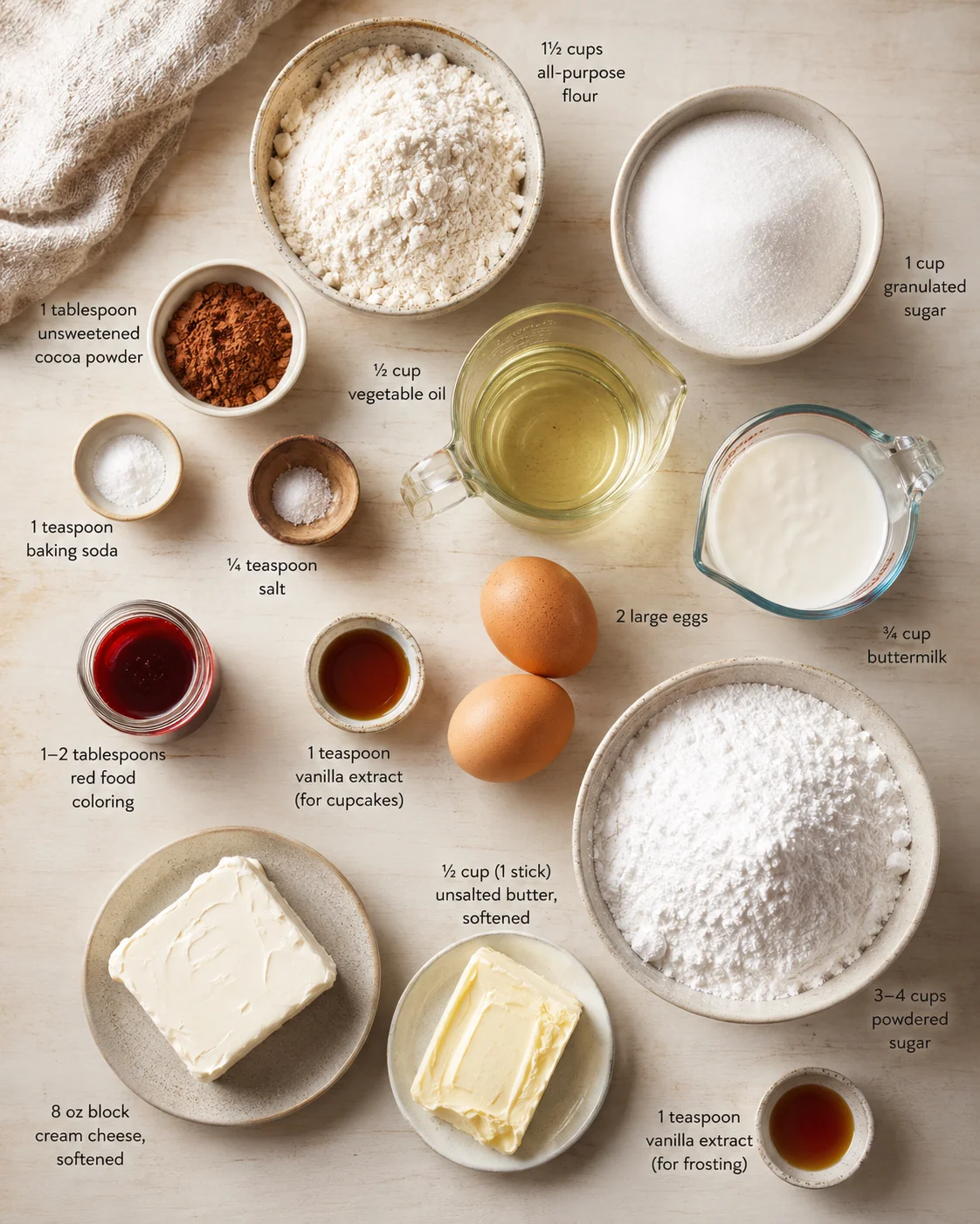 top-down view of baking ingredients laid out on a light wood surface with labeled bowls