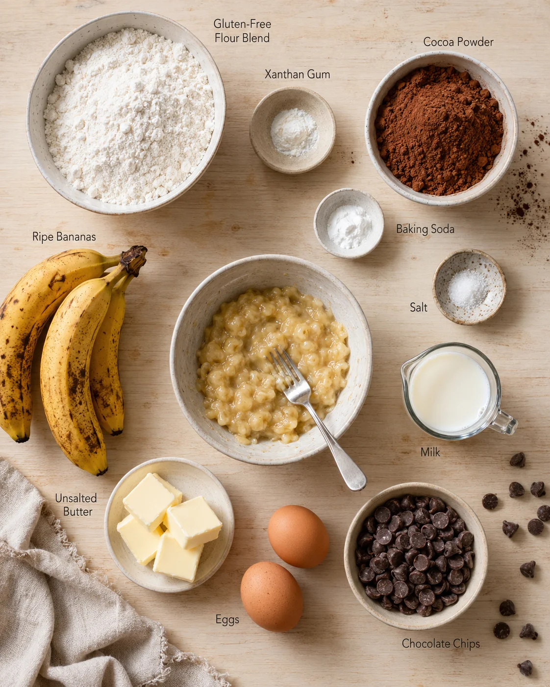 Top-down view of labeled bowls containing banana bread ingredients on a wooden surface.