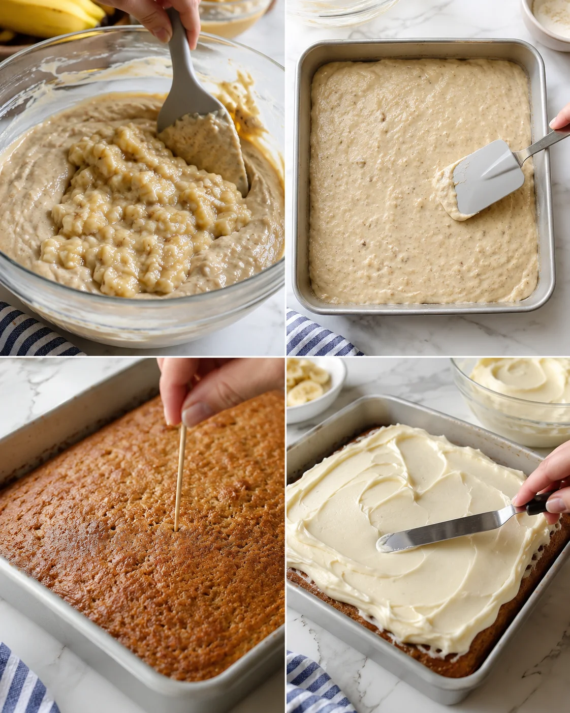 Collage showing making banana bread: mixing batter with banana chunks, batter in a loaf pan, toothpick test, and frosted loaf.
