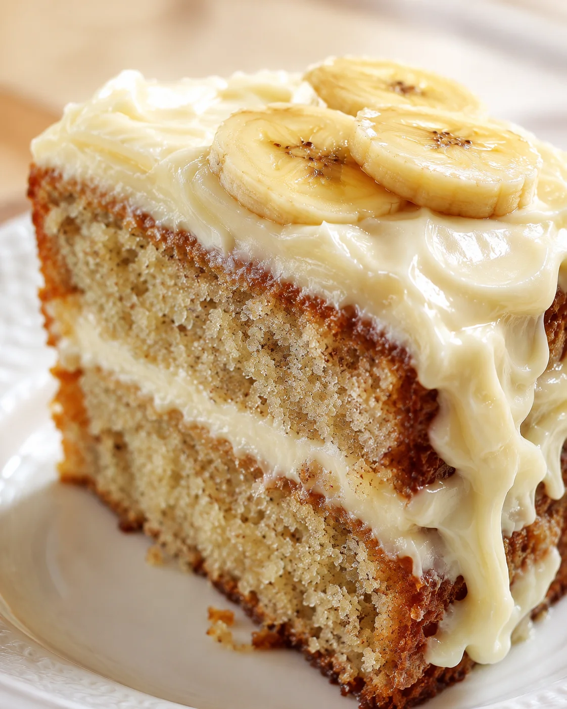 slice of banana cake with cream frosting and banana slices on top