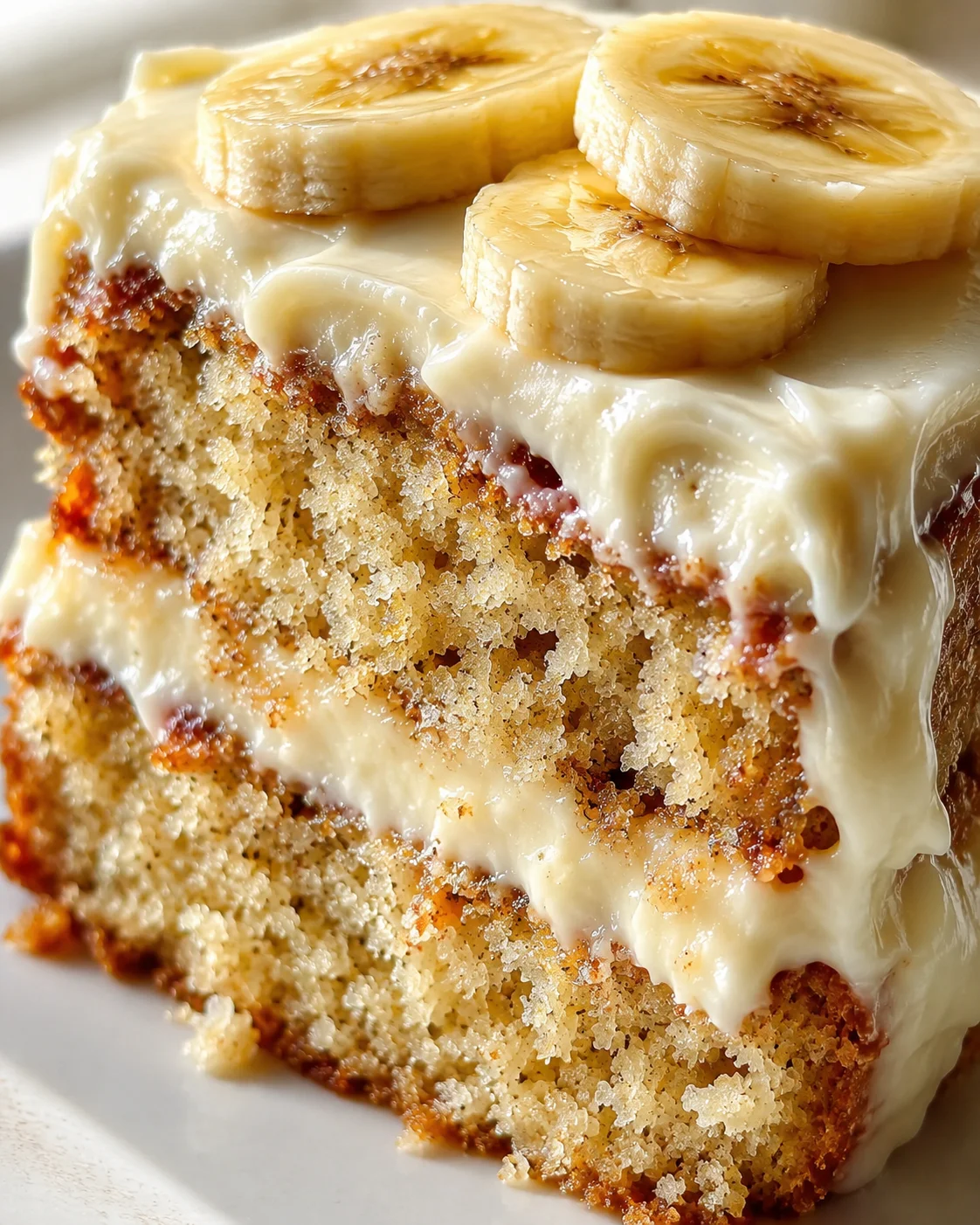 Close-up of a banana cake slice with thick vanilla frosting and banana rounds on top.