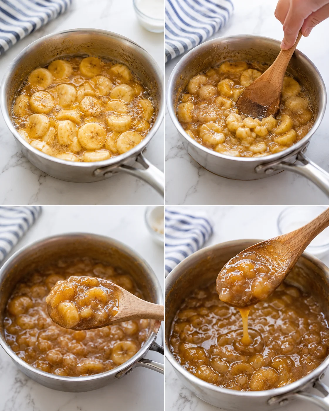 collage showing banana slices simmering in caramel in a stainless pot, with a wooden spoon.
