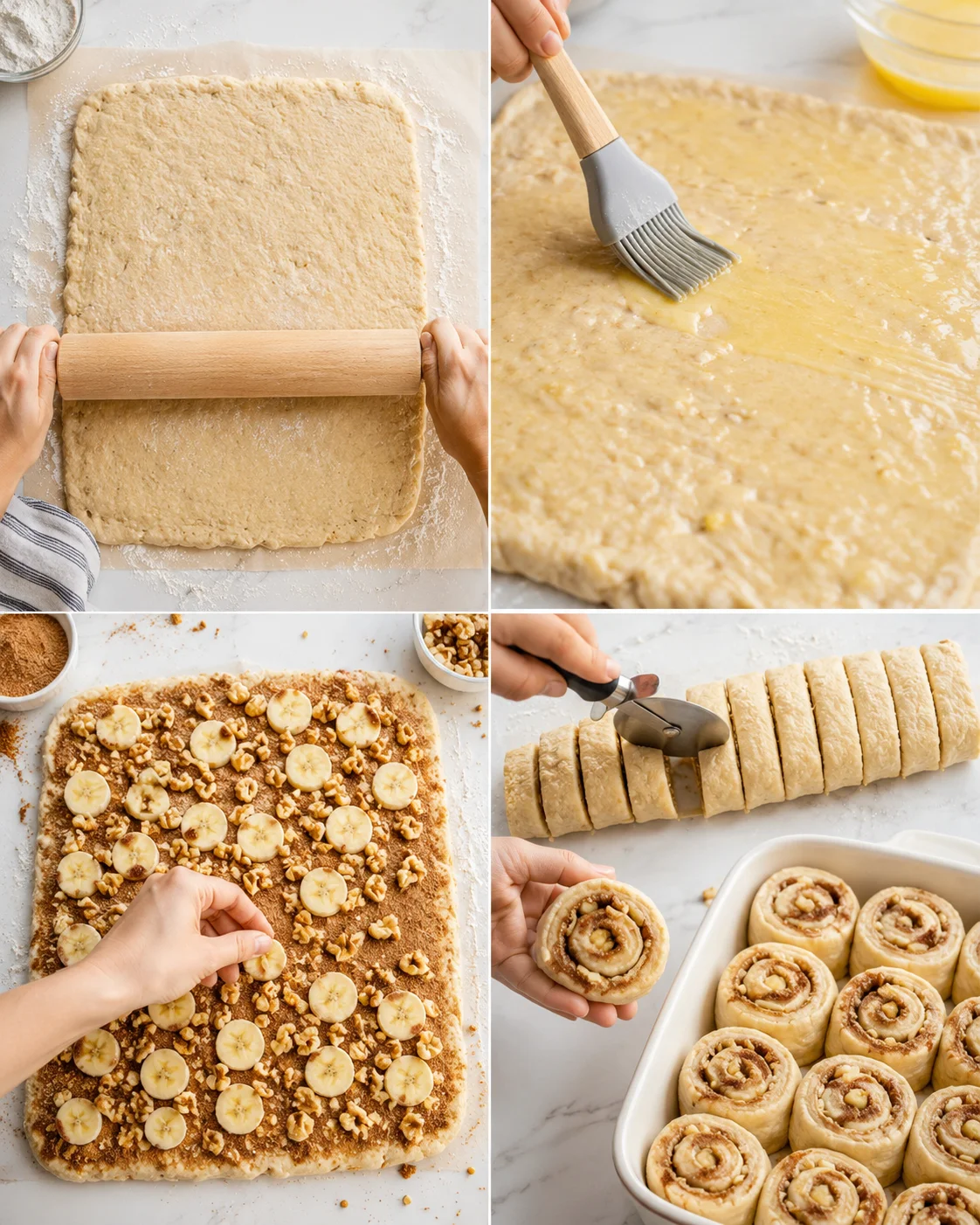 Collage showing dough rolled, brushed with glaze, topped with banana slices and nuts, sliced into cinnamon rolls.