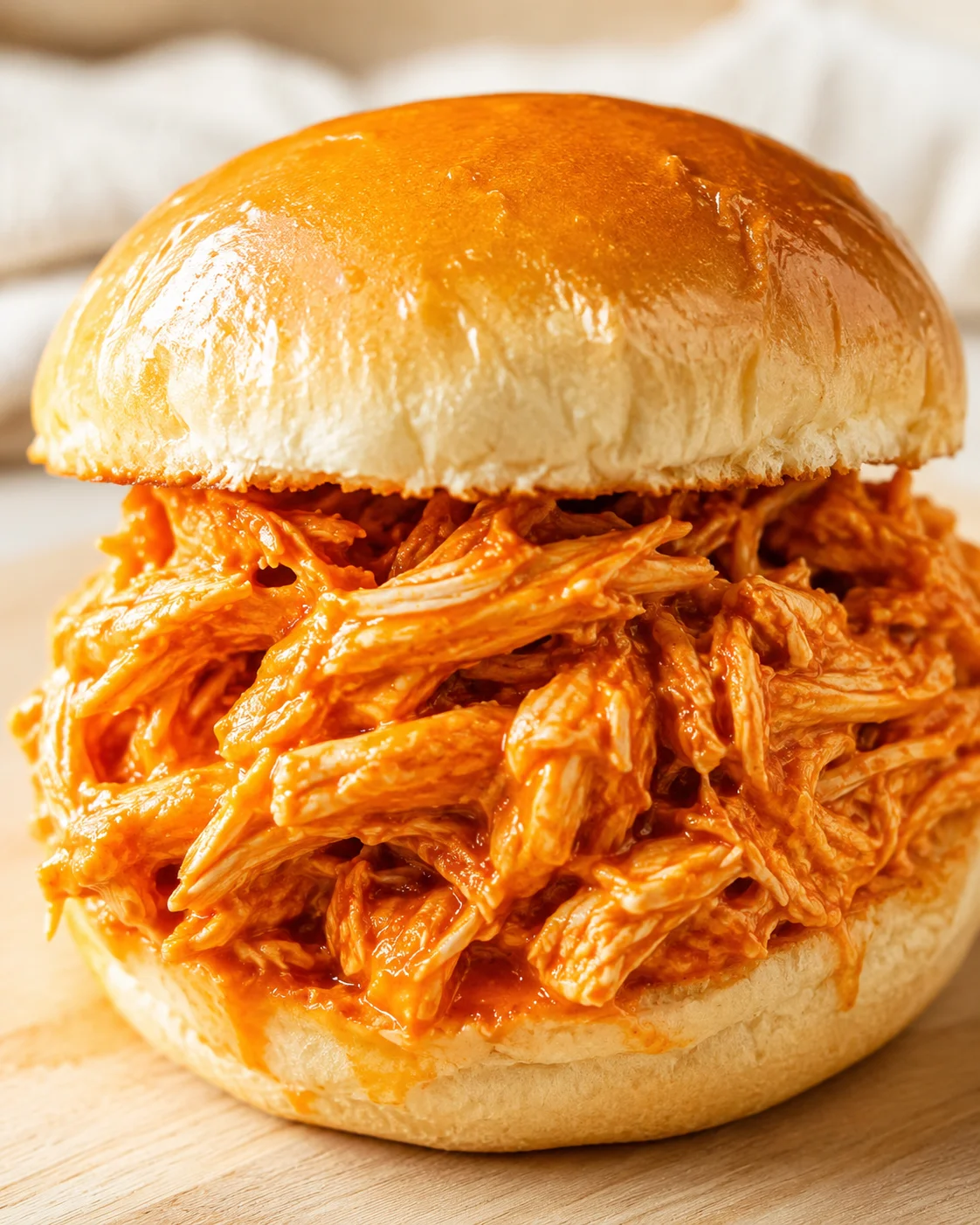 close-up of glossy golden bun over orange BBQ pulled chicken on a wooden board
