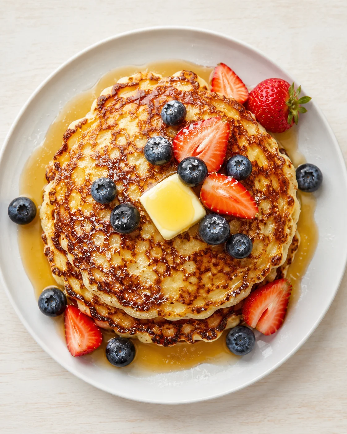 A stack of golden pancakes topped with butter, blueberries, strawberry slices, and syrup on a white plate.
