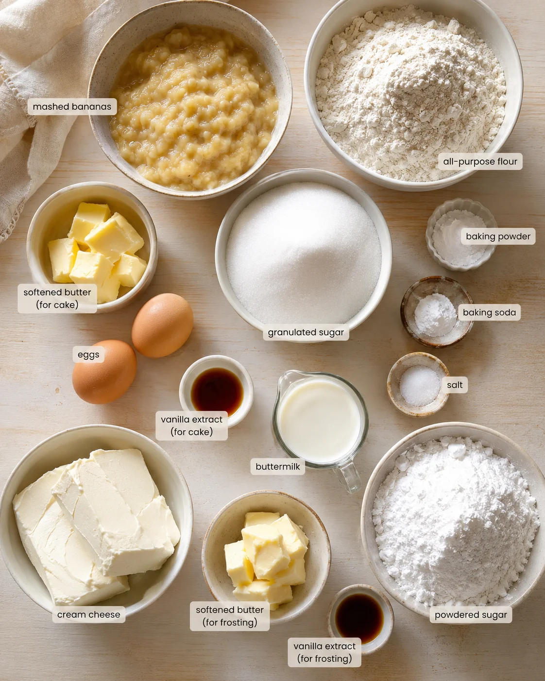 Top-down view of labeled baking ingredients arranged on a wooden surface.