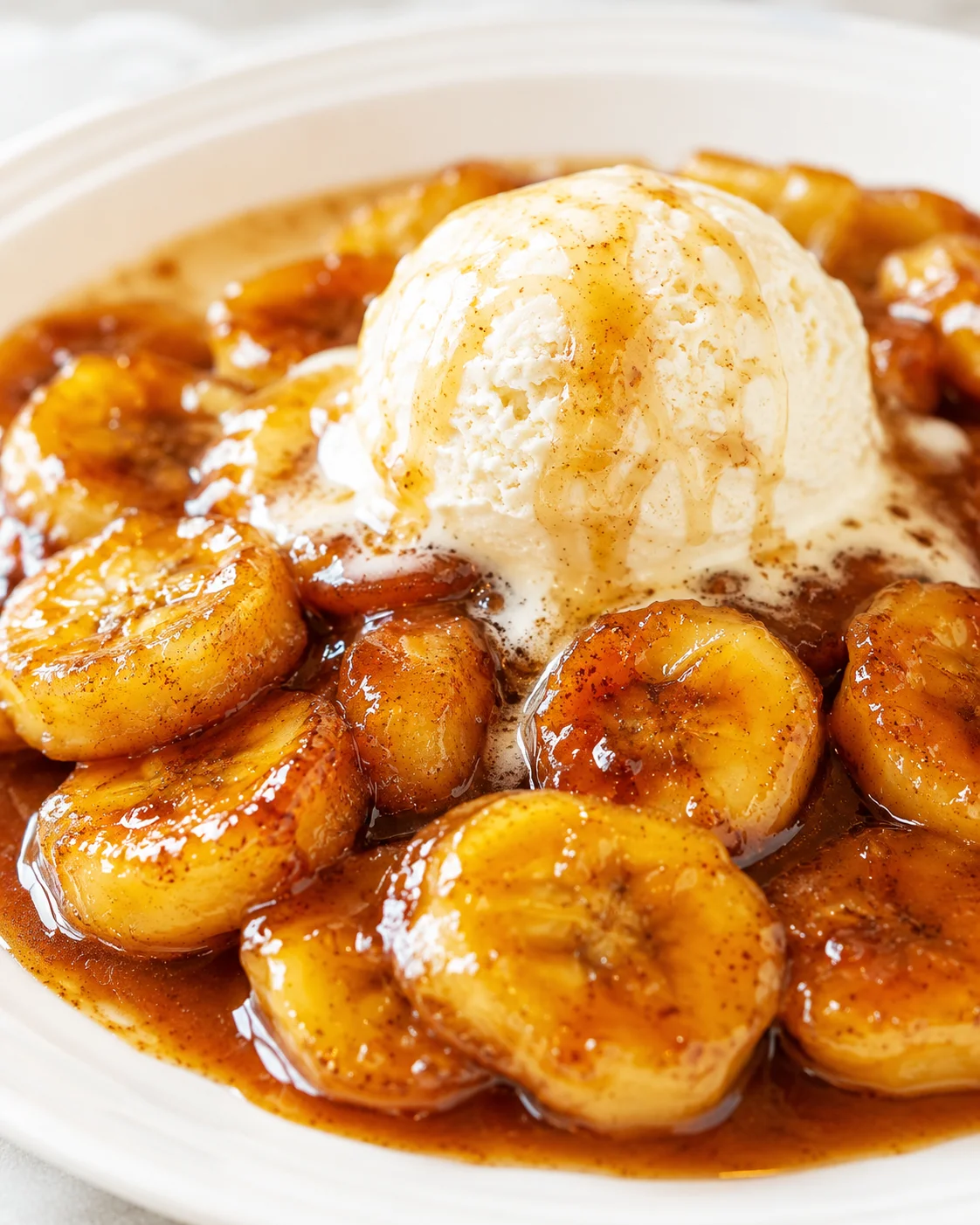 Vanilla ice cream scoop atop caramelized banana slices in a glossy caramel sauce