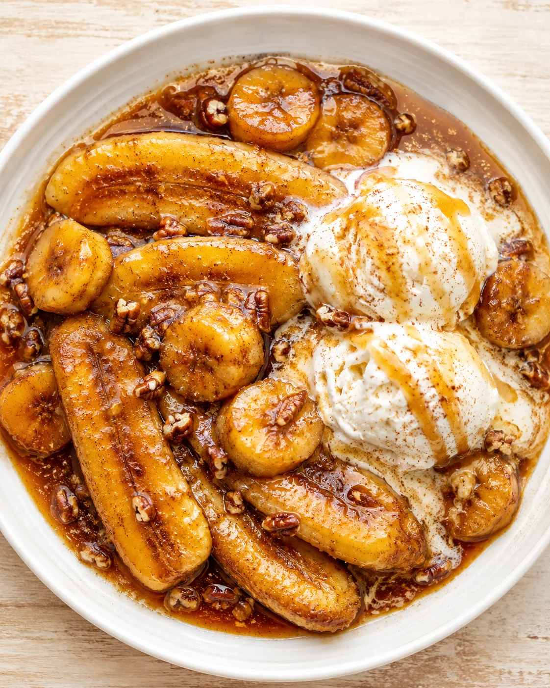 Close-up of caramelized banana slices, pecans, and vanilla ice cream in a white bowl.