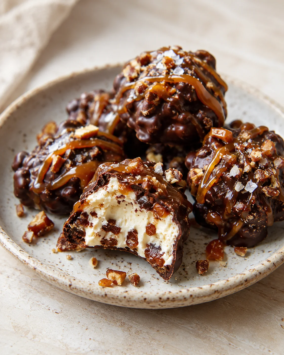 Close-up of glossy chocolate truffles with caramel drizzle and chopped nuts on a speckled ceramic plate.