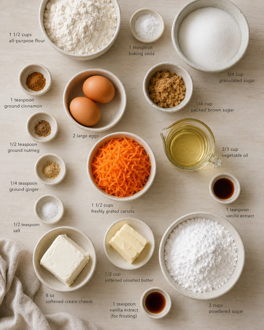 top-down view of ingredient bowls with labeled measurements for a carrot cake recipe