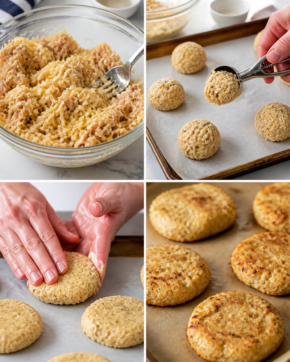 collage of four panels showing dough mixture, shaping round bites, pressing discs, and golden-brown patties