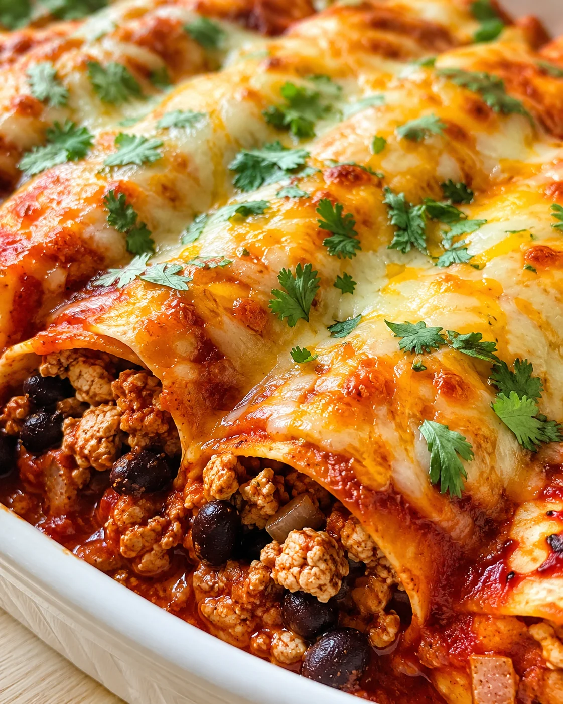 Close-up of cheesy enchilada casserole topped with cilantro in a white baking dish.