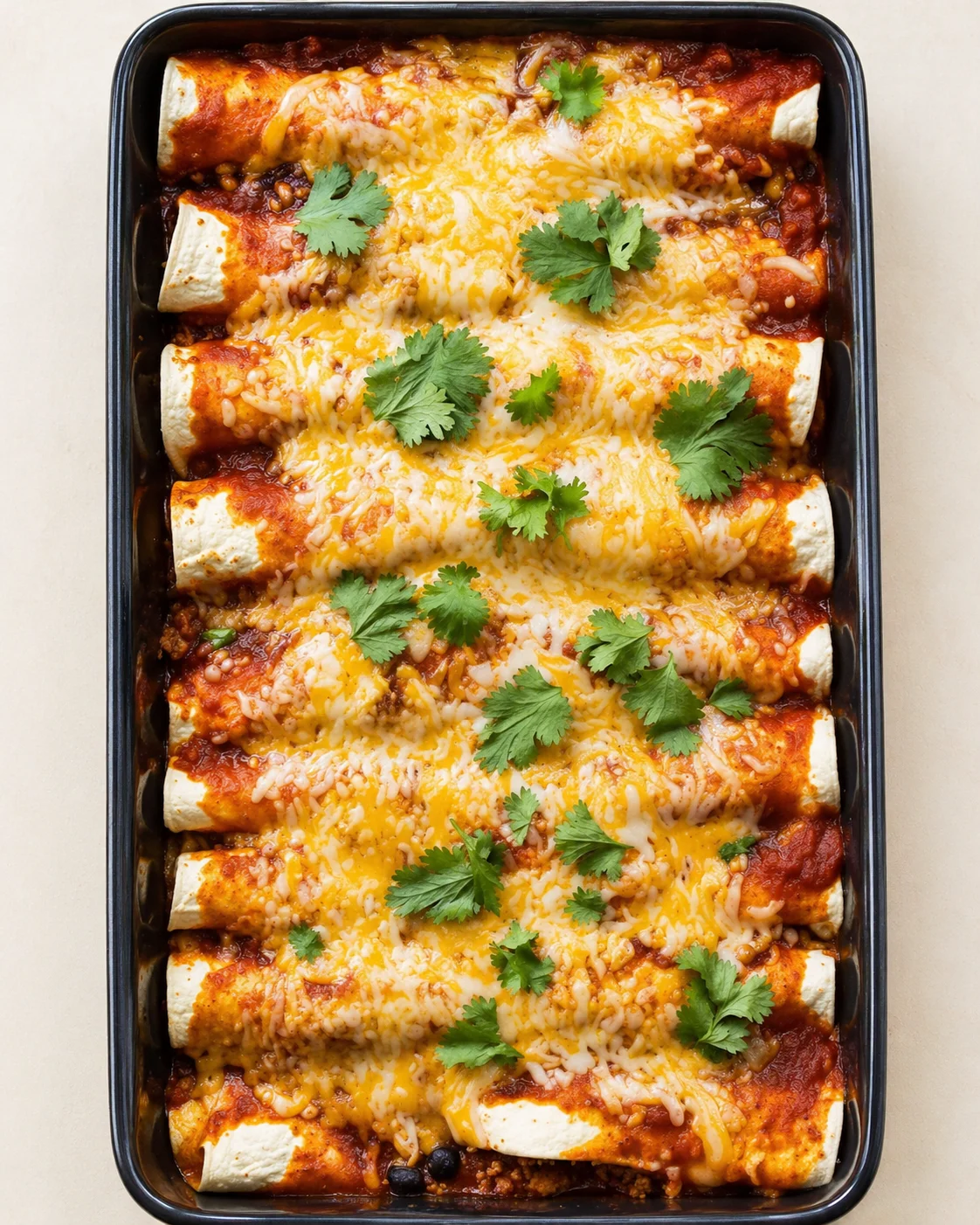 Rectangular baking dish with rolled enchiladas, red sauce, melted cheese, and cilantro garnish.