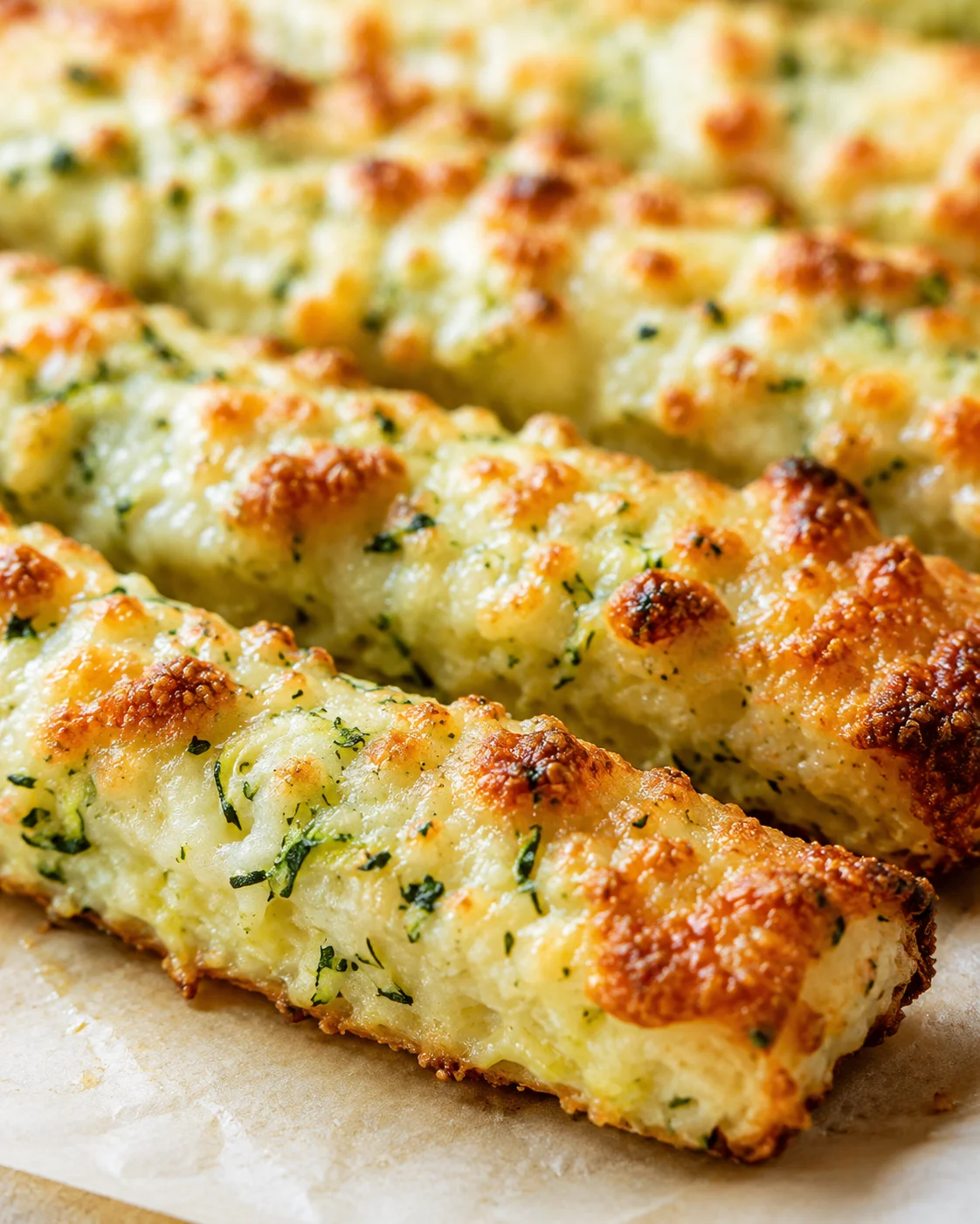Close-up view of bubbly, golden-brown cheesy garlic bread with herbs on parchment.