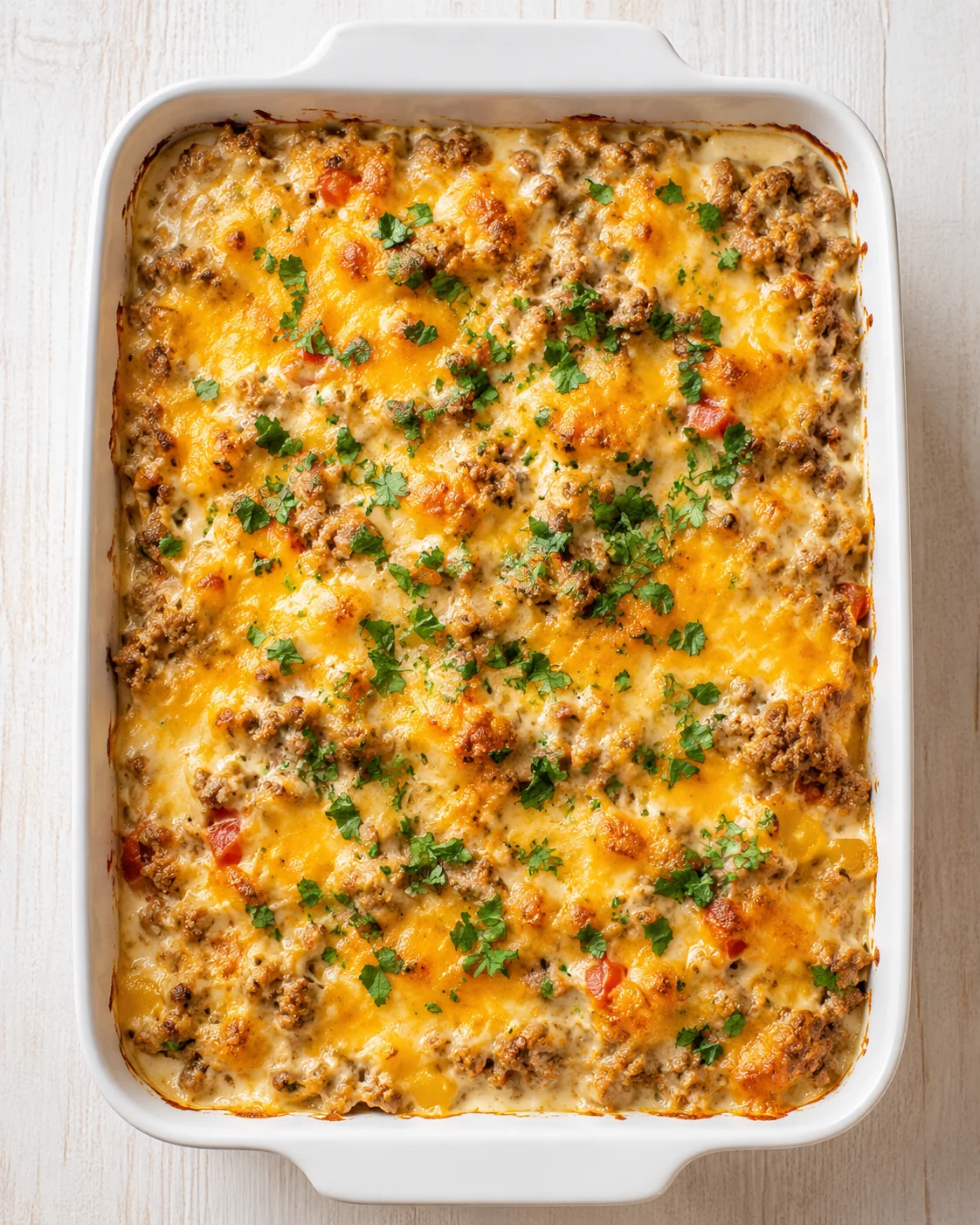 baked casserole in a white dish with melted cheese, browned edges, and chopped parsley