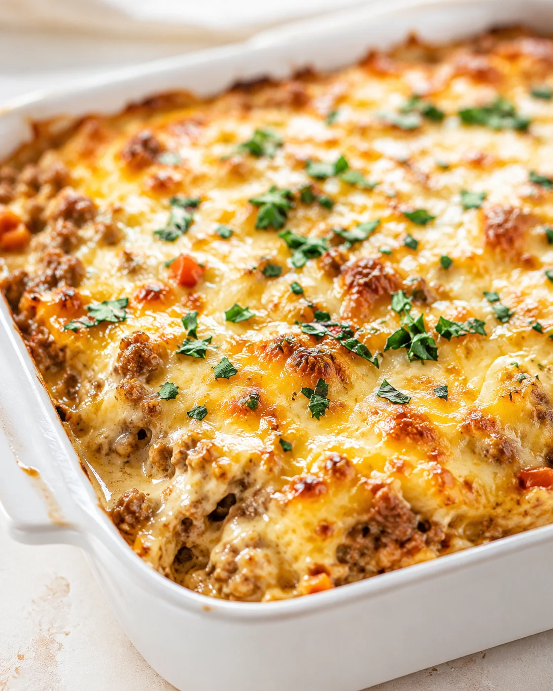 Golden cheesy lasagna bake topped with parsley in a white dish.