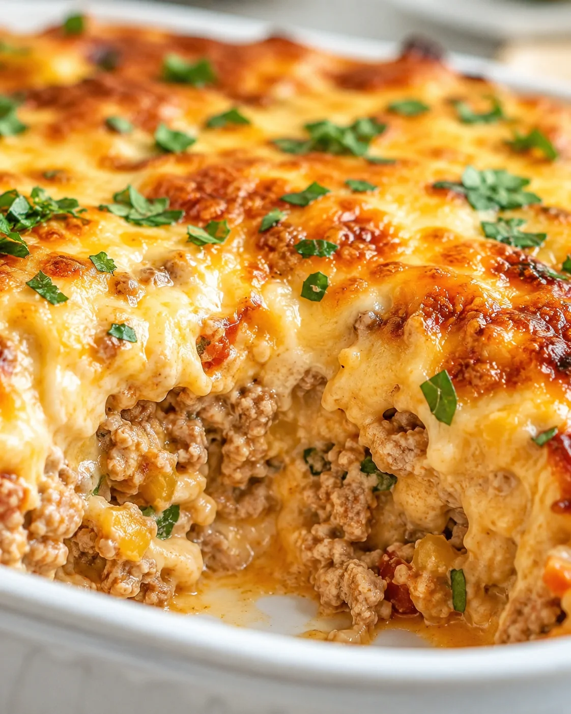 Close-up of a golden-brown cheesy meat lasagna topped with parsley garnish.