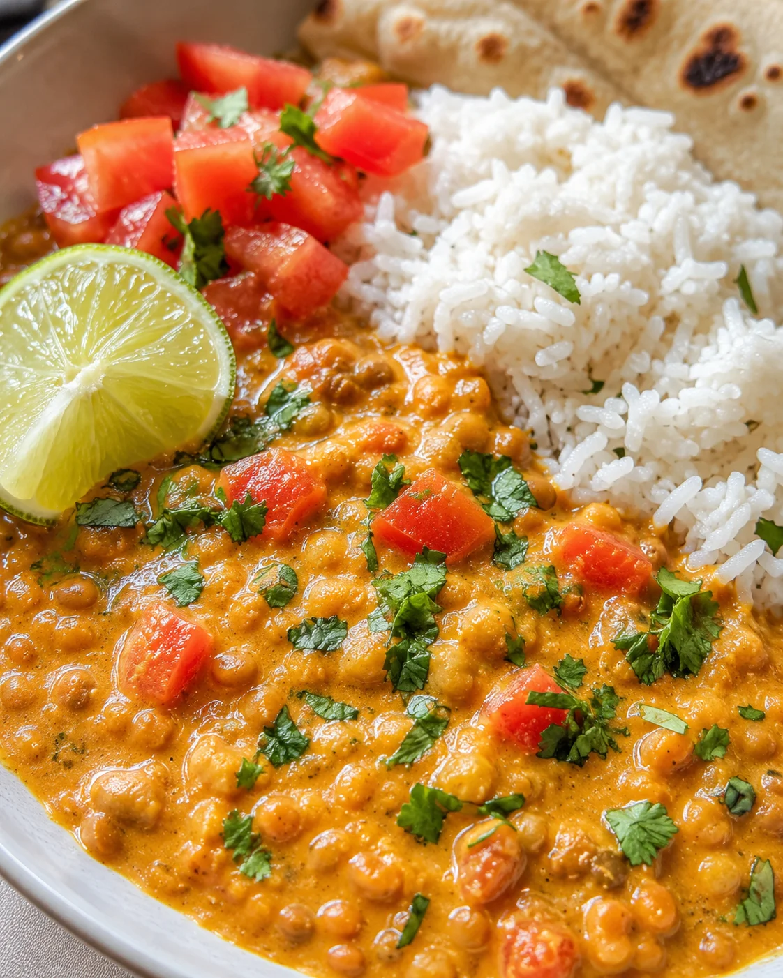 plated chickpea curry with white rice, tomato cilantro garnish, lime wedge, and naan
