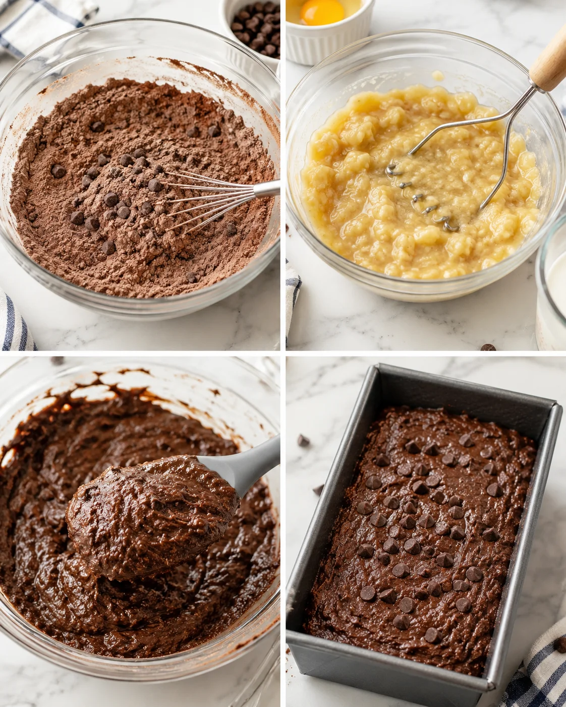 four-panel collage showing cocoa-dusted bowl, mashed bananas, thick chocolate batter, and chocolate-chip loaf batter