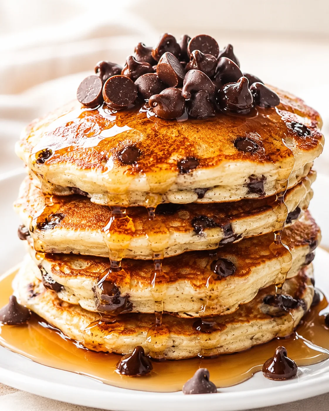 A towering stack of fluffy pancakes studded with dark chocolate chips, drenched in amber syrup on a white plate.