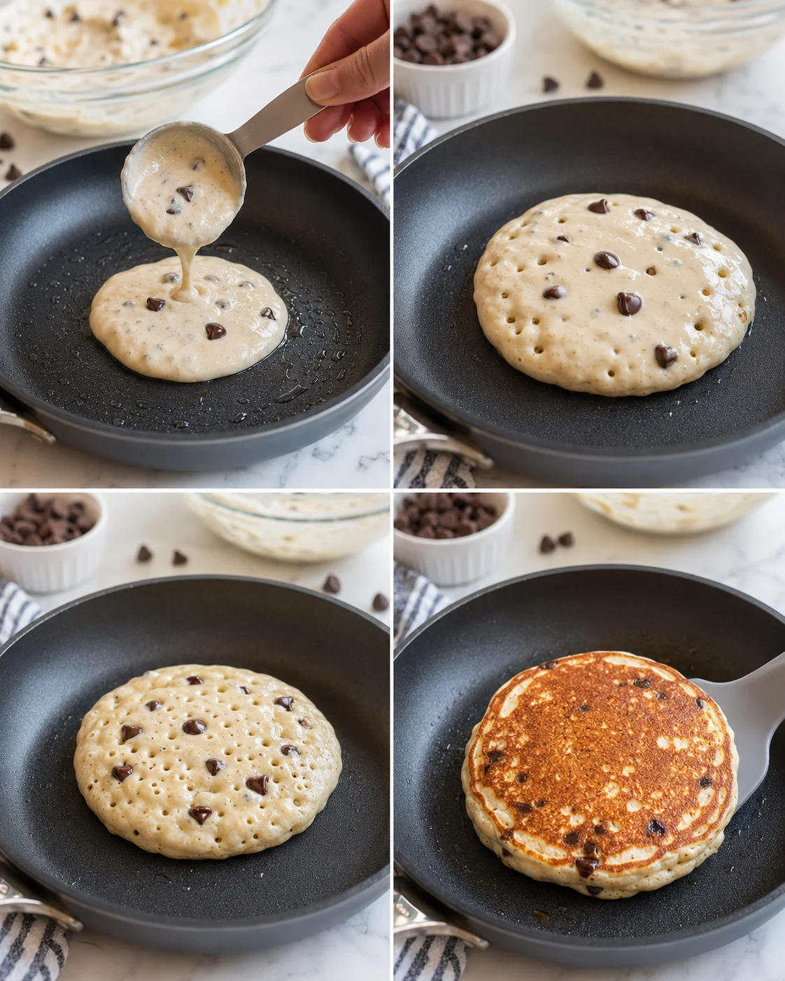 Collage shows batter with chocolate chips poured into a nonstick pan and cooking into pancakes.