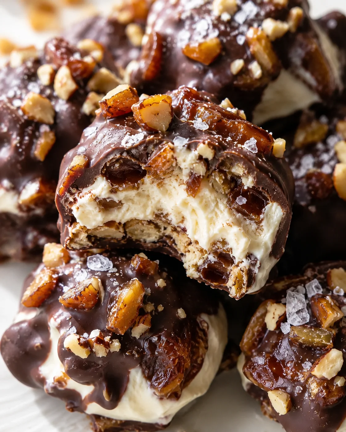 Close-up of chocolate-glazed cream-filled donuts topped with chopped nuts and sea salt.