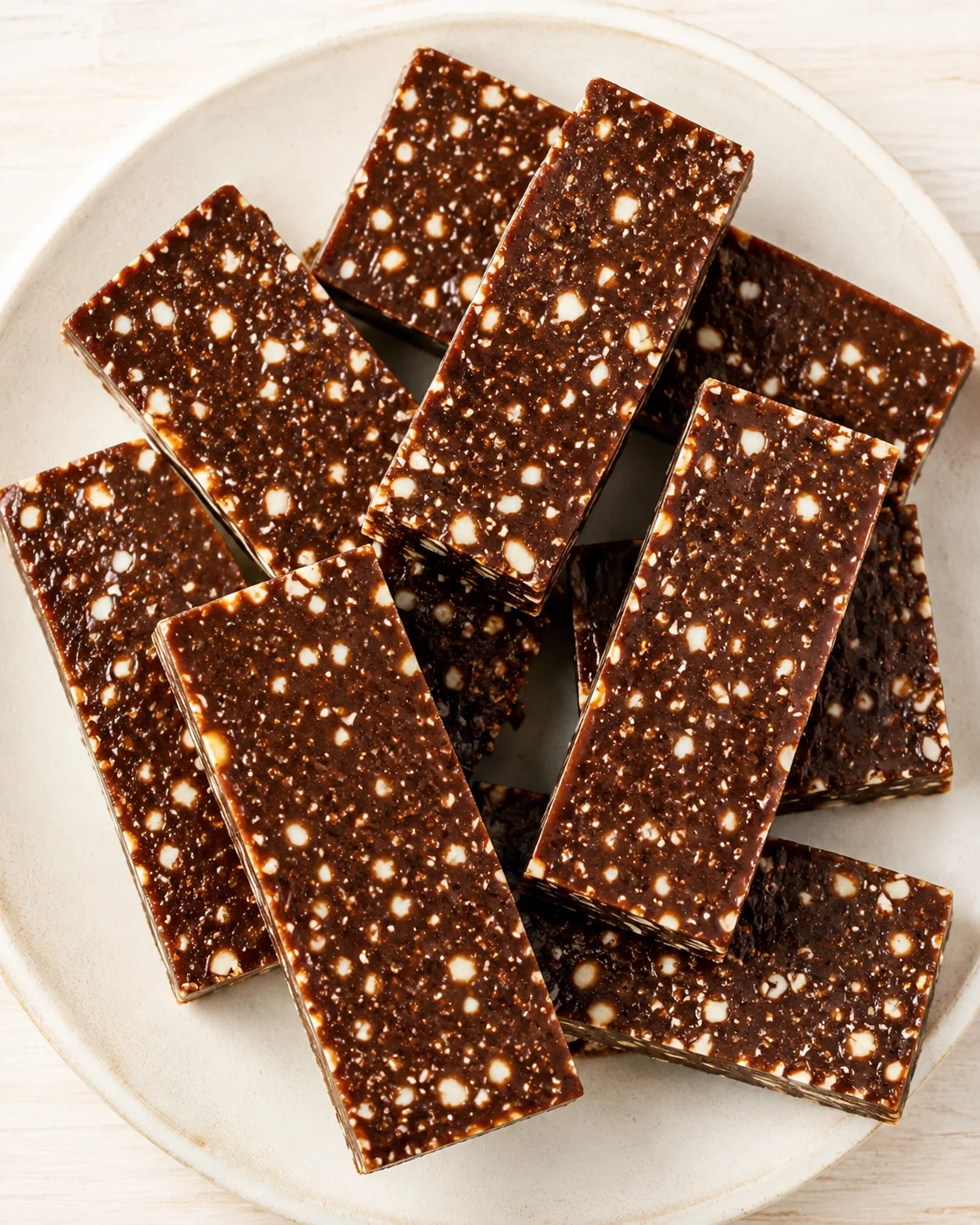 Rectangular chocolate fudge bars studded with white crisped-rice pieces on a light plate.