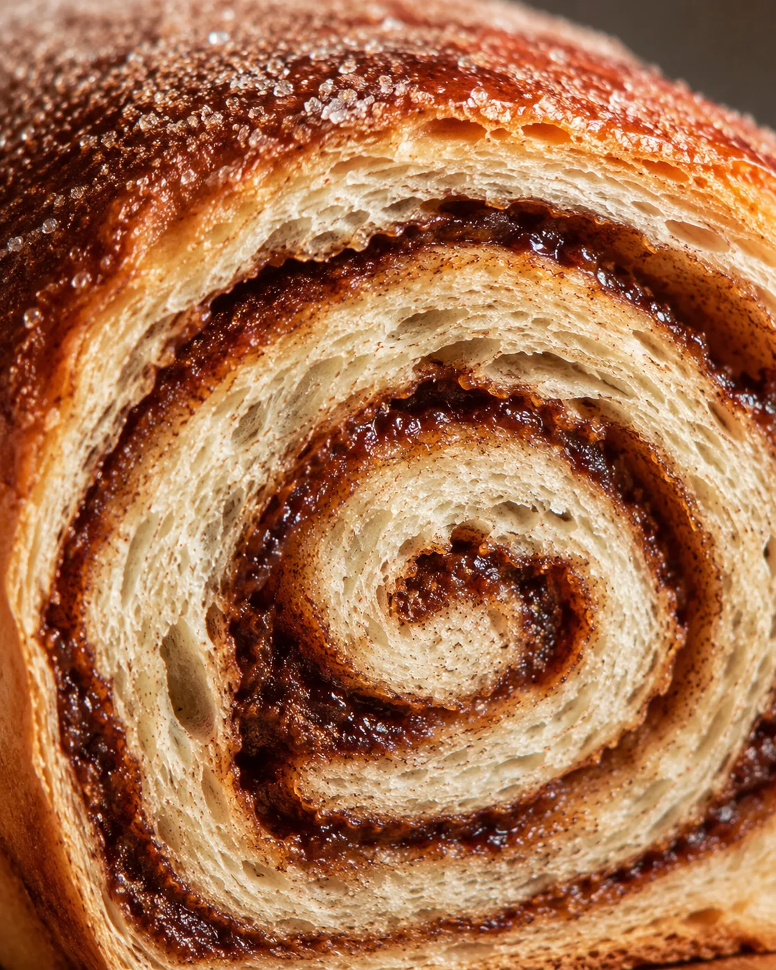 close-up of a golden-brown cinnamon roll with visible sugar crystals and layered dough