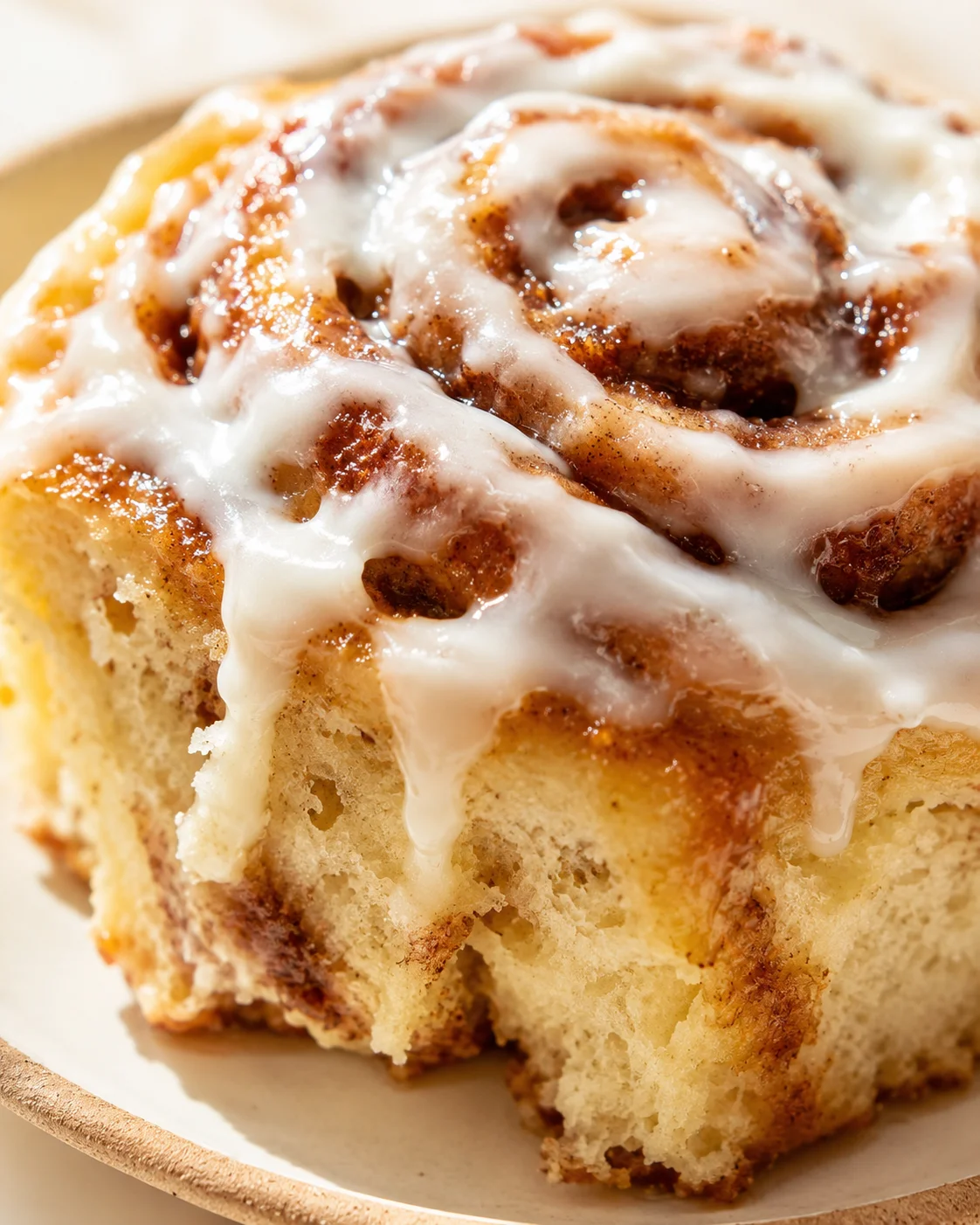 Close-up of a glazed cinnamon roll on a light plate, showing fluffy crumb and glossy icing.