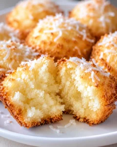 Close-up of golden coconut cake bites with shredded coconut on top, showing a soft yellow crumb.