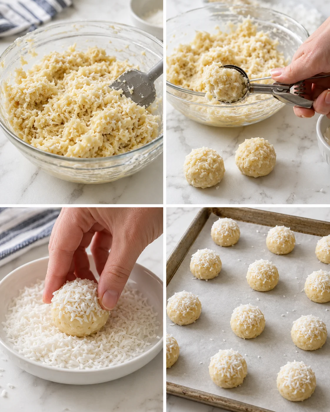 Four-panel collage showing mixing, scooping, rolling in coconut, and ready-to-bake dough balls.