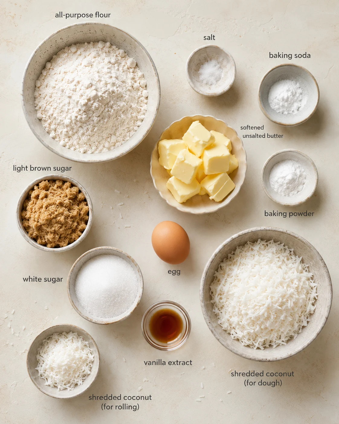 top-down shot of bowls with flour, sugars, coconut, butter, and egg for dough