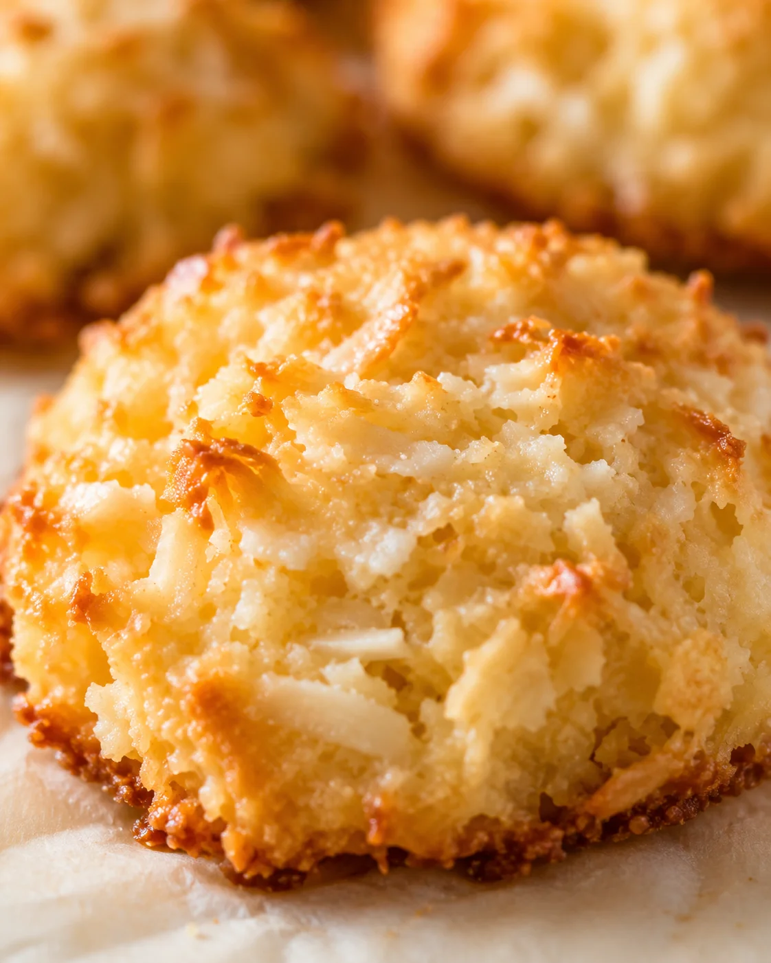 Close-up of a toasted coconut macaroon with shredded coconut on parchment