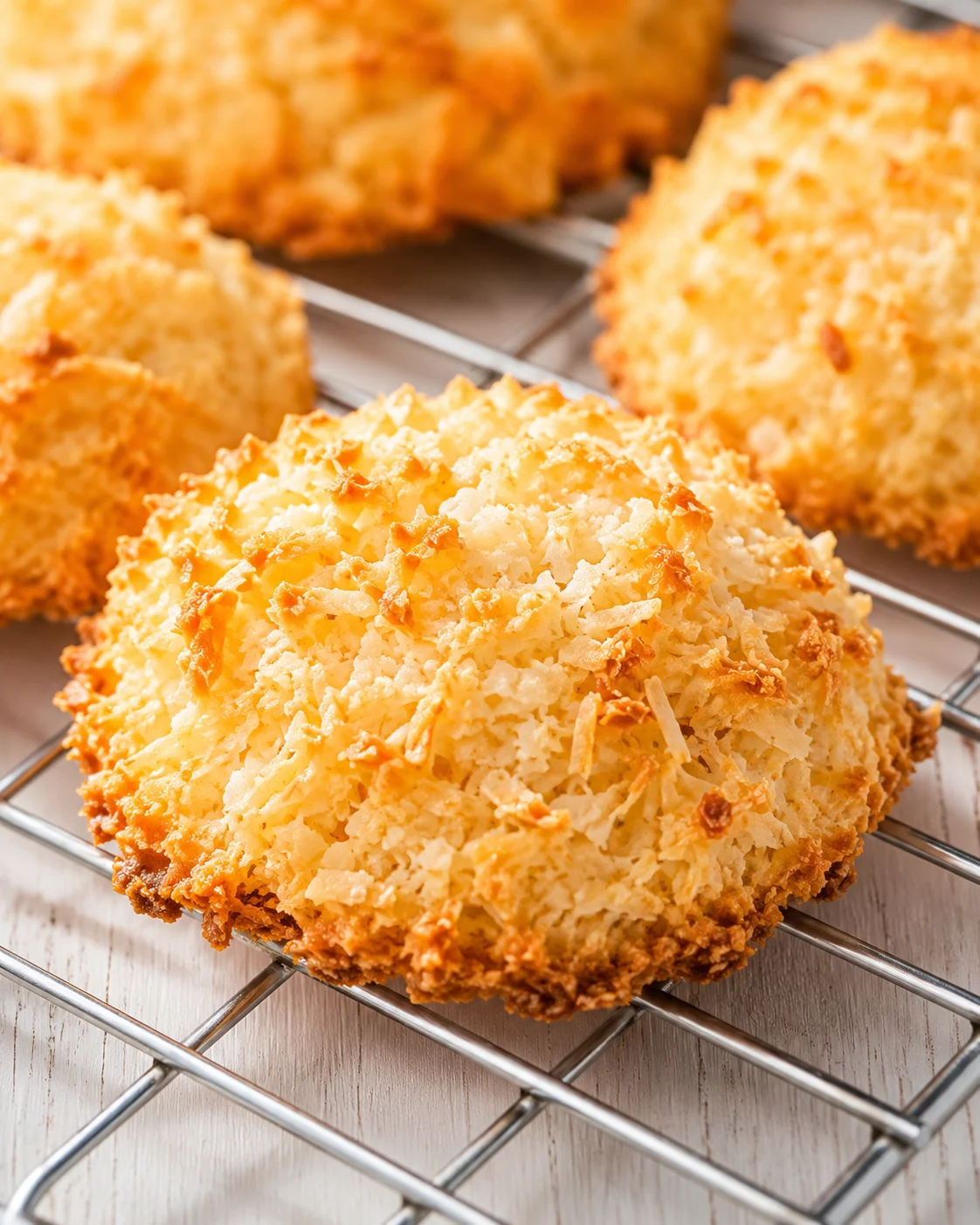 Golden-brown coconut macaroons cooling on a wire rack over a light wooden surface