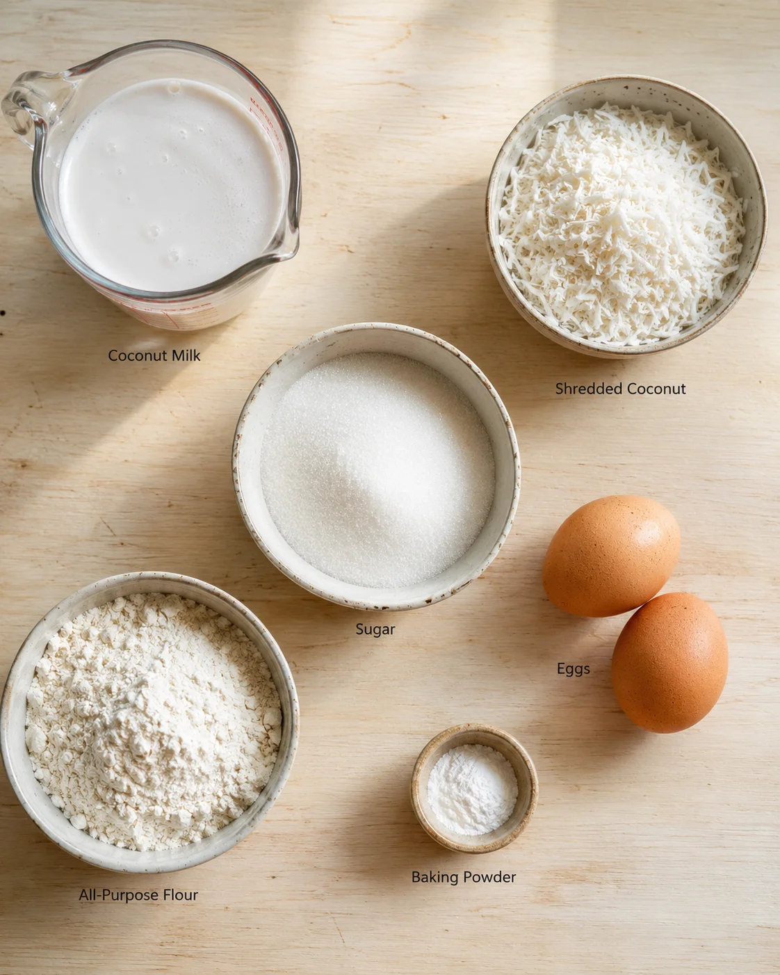 Top-down view of baking ingredients on a wooden surface: coconut milk, shredded coconut, sugar, flour, eggs, baking powder.