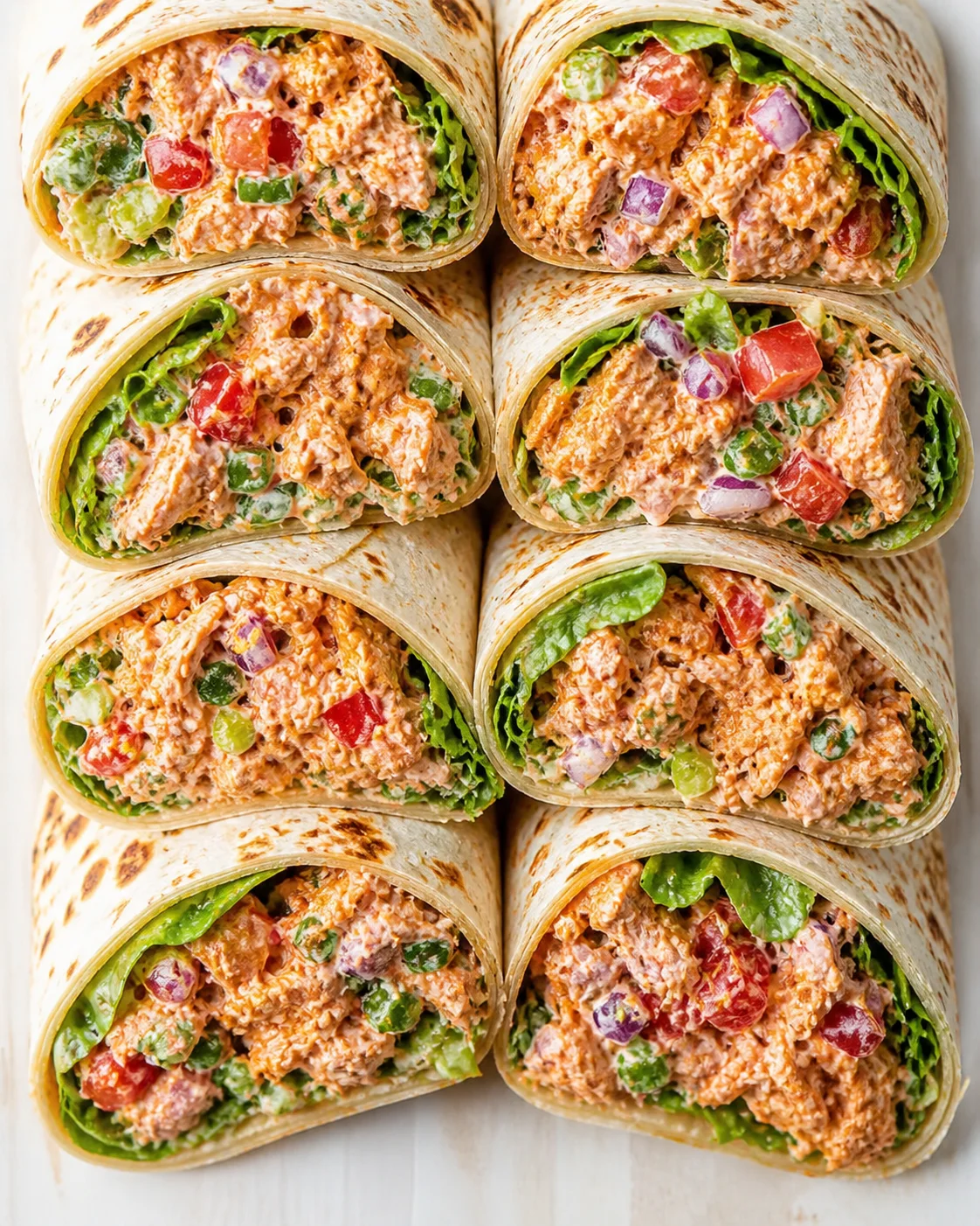 Top-down view of tortilla wraps cut open to show creamy chicken salad with vegetables and lettuce.