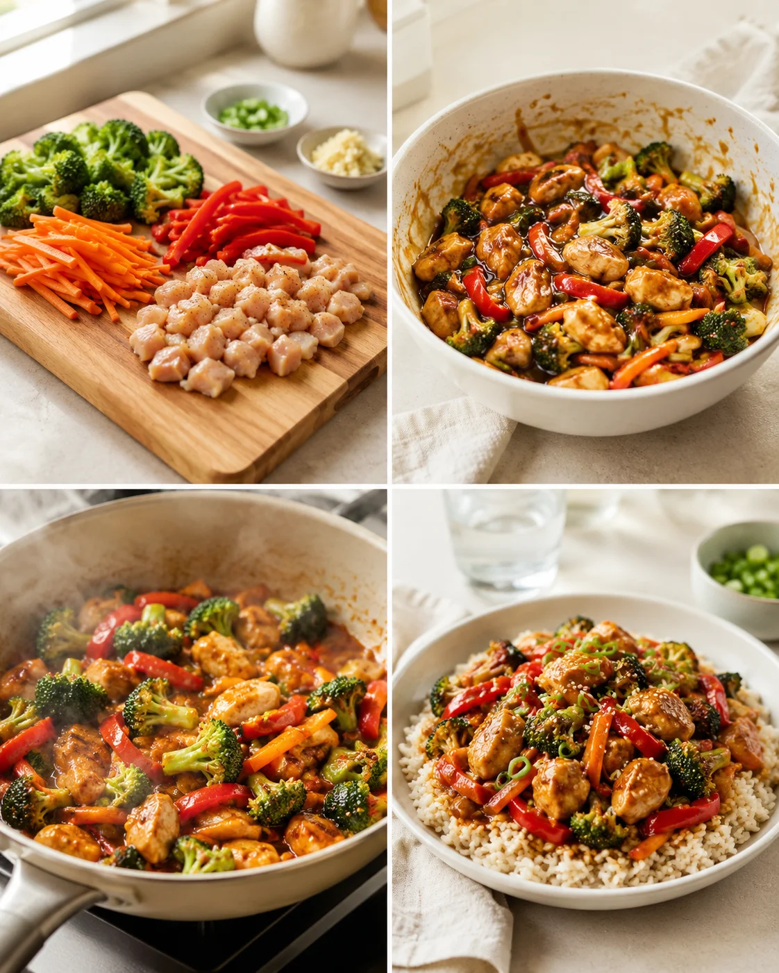 Collage of prep vegetables on cutting board and cooked chicken stir-fry served with rice bowls