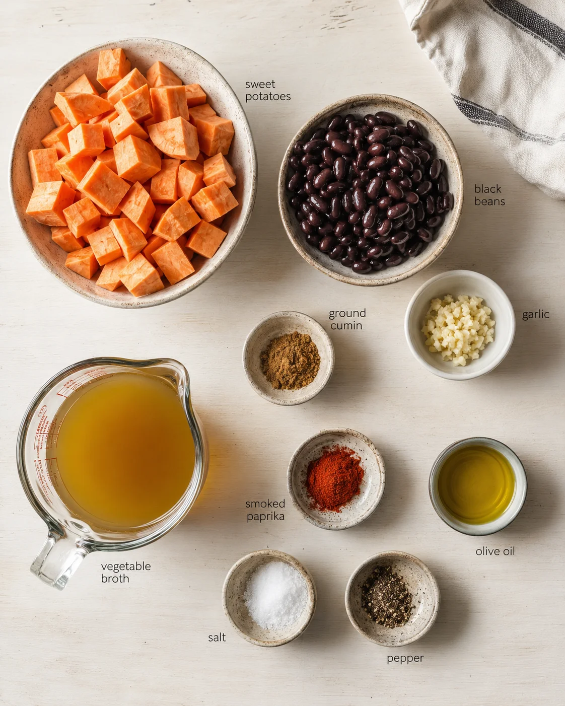 Bowls of cubed sweet potatoes, black beans, garlic, and spices arranged on a light wooden surface.